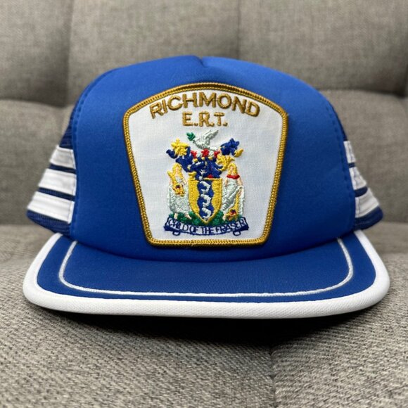 Vintage Richmond E.R.T. Patch Men's Blue/White Striped Trucker Snapback Hat - Picture 2 of 8